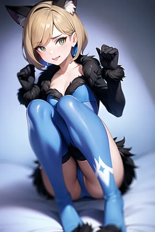 Emma Watson as a catgirl, in a blue bikini, furry