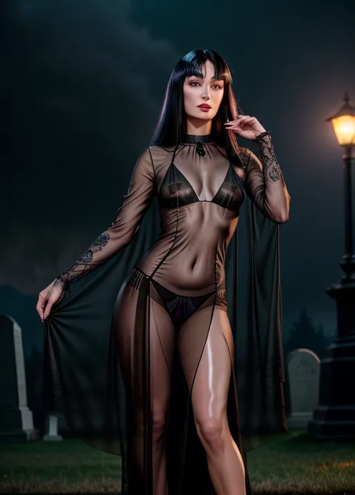 A (fullbody shot) (wide-angle shot) of a standing (Anjelica Huston circa 1990) as Morticia Addams, goth look, (wearing a sheer black (see-through:1.3) floor-length pencil-dress neglige), nipples and pubic hair visible, wearing sheer black panties, wearing black strapped stiletto heels, pale skin, blood red lipstick, black nail polish, black eye shadow, raven-black hair, a single red rose between her teeth, (in a misty cemetary at night), with light from a large full moon, neo-noir style, cgstation,
(<lora:dpmg_add_detail:0.9>), (four anatomically-correct pretty fingers and one proportional opposable thumb per visible hand:1.3), (beautiful symmetric detailed glossy eyes:1.3), beautiful lips, curved eyebrows, detailed face, detailed textured skin, realistic detailed hair, pretty teeth, skin pores, pretty realistic feet, (pretty symmetric realistic eyes), realistic teeth, realistic mouth, bushy pubic hair, realistic skin color, realistic skin tone,realistic hair color, realistic hair tone, five pretty realistic toes,
(8k RAW photo), (best quality), (masterpiece:1.3), (photorealistic), studio lighting, rim lighting, hair highlighted, UHD, Nikon Z5, (35-80mm zoom lens), (zoom out), f2.8, sharp focus, tack sharp, dof, film grain, Fujifilm XT3, (bokeh), dramatic lighting, rim lighting, subsurface scattering, volumetric lighting, focused, intricate detailed background, dramatic pose, dramatic pov, dramatic angle, dramatic lighting, cinematic composition, (cinematic lighting), HDR, (highest quality:1.8), highest resolution, (photo-realistic:1.72),
--s 250, --v 5.2, --A k_dpm_2,