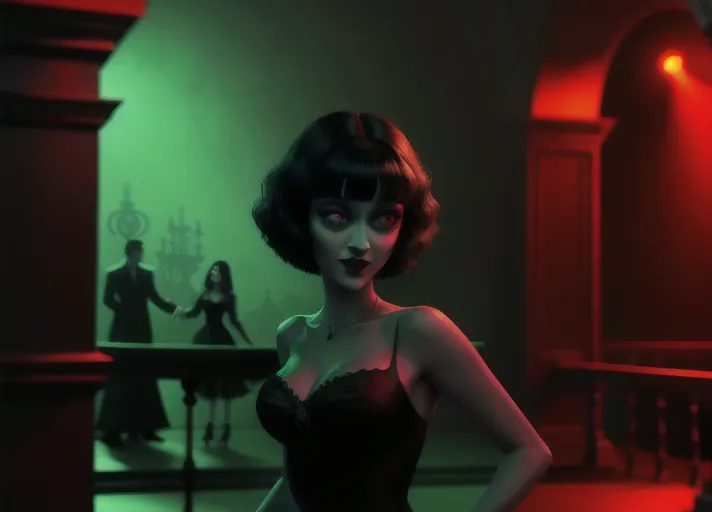 two ladies in a dark atmospheric modern goth nightclub, Dakota Fanning as Mavis Dracula of Hotel Transylvania in tight black revealing attire and hypnotic red glowing eyes, dancing the night away with beautiful good auburn haired Elizabeth Lail as Anna of Arendelle in a modest light green royal gown. Photorealistic, b-horror film screencap,