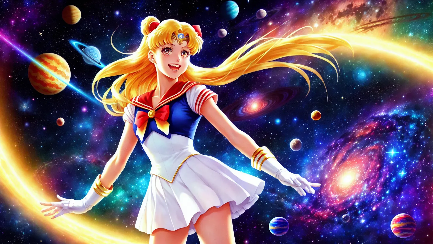 high res digital concept art of Sailor Moon with cosmic space background of stars and planets. She looks happy and cute, detailed face, detailed fingers, red boots, white shirt, ribbon on chest, blonde hair, long legs