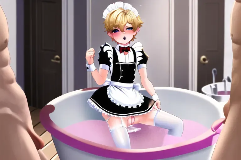A femboy twink maid jerking off in a tub of cum while men surround him jerking off and cumming on him