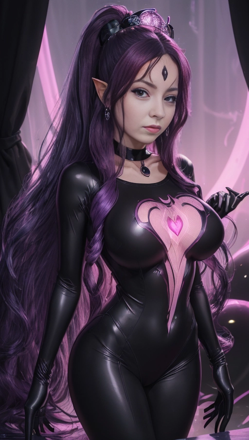 best quality, (((ultra high res))), (detailed face and eyes), (succubus), hearts, ((perfect face)), (necklace), (((big choker))), golden earrings, jewelry, gloves, (((big pink diamond diadem))), (big pink diamond crown), hourglass body, (tied up), ((((black symbiote goo suit)))), ((((symbiote succubus)))), ((((purple hair)))), ((((extremely long hair)))), ((((straight hair)))), ((((black symbiote neckholder suit)))), (((black gloves))), (((((very long voluminous hair))))), (((((hair raising succubus))))), ((((raising hair)))), (((((very voluminous hair))))), ((perfect eyes)), ((((purple hair everywhere)))), ((((very huge tits)))), ((((very huge boobs)))), (((heart))), ((((((black tight symbiote goo t-shirt)))))), ((corruption)), ((((single ponytail)))), ((((portrait)))), ((((pink lines)))), (((pink luminescence succubus mark))), (((pink demon mark))), (((heart)))