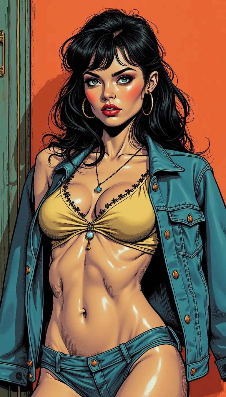 photorealistic and surrealistic film in a comic illustrations style by Mike Deodato, (interesting unique diverse complex character design that is a woman:1.2), (photorealistic detailed face:1.1), (classic stereotypical over tuned retro comics body shape and anatomy),
big variation of colors , smooth pencil brush to create a composition of vivid colors, thick black outlines, flat shading, minimal highlights ,interesting detailed Foreground and background depth are clear giving visual complexity to the scene