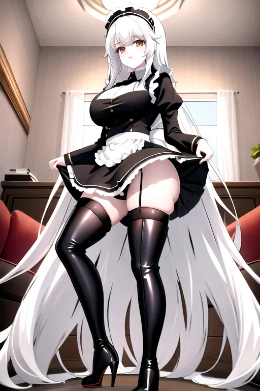 long hair, white hair, brown eyes, miniskirt, black maid uniform, giant breasts, looking at viewer, in living room, high heels, pale skin, thigh high boots