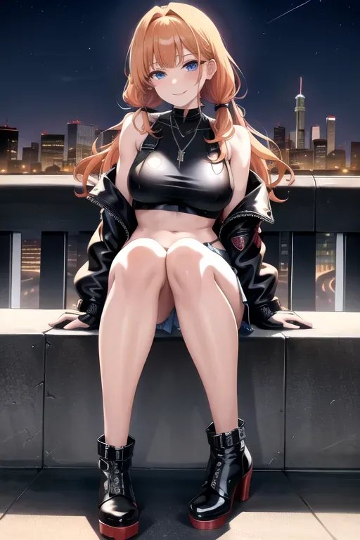 full body, strawberry blonde hair, hazel eyes, short girl, denim miniskirt, black high heeled boots, looking at viewer, long hair, pale skin, silver necklace, black crop top, 24 years old, giant breasts, cute face, pov, wavy hair, city environment, Oklahoma City, wide eyes, erotic, skirt tug, leather jacket, nighttime, black backpack, slim body, low pigtails, sitting on wall, smiling