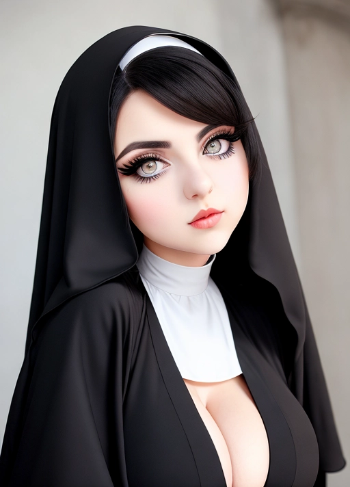 Cute Italian girl, simple grunge makeup, pale colored eyes, big wide eyes, black hair, big lips, high riding huge boobs, gigantic tits, tight-fitting nun robes, photorealistic, best quality, ultra high resolution