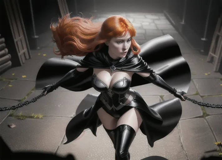 Sweet bright cheerful beautiful elegant auburn haired in a low hanging bun wide sparkling sapphire eyed Queen Anna of Arendelle based on Elizabeth Lail in black sexy leather and satin attire with a full length cape its raised large hood obscuring her features in deep shadows as she lashes out with a woven leather whip against the back of a prisoner chained-up in a dark dungeon.
horror