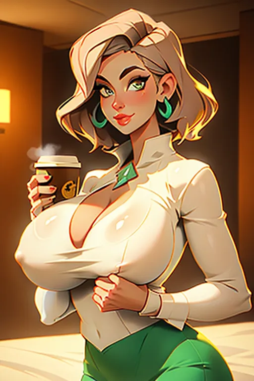 milf, ((gigantic boobs)), ((oversized boobs)), naked, indoors, holding a coffee cup, detailed face, detailed hair, short hair, perfect lightning, best quality, hd, photorealistic, full shot