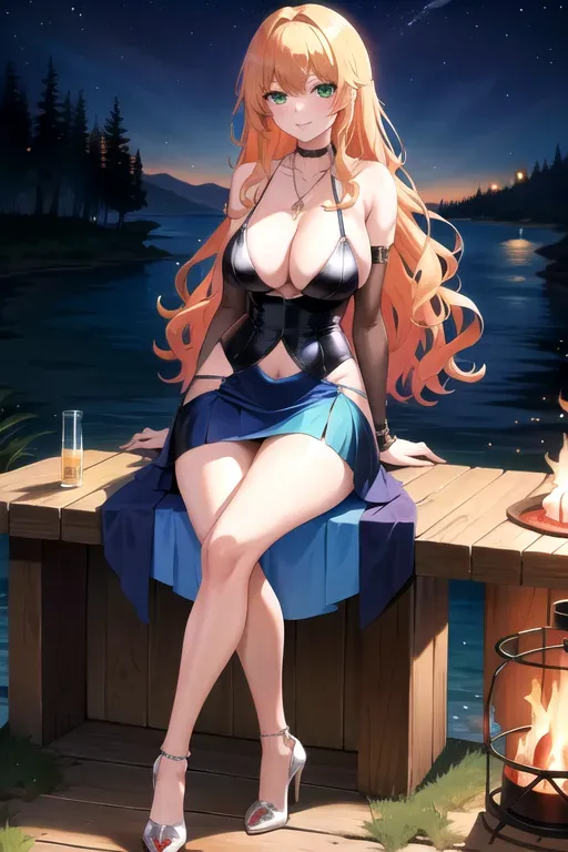 full body, strawberry blonde hair, green eyes, short girl, black high heels, looking at viewer, long hair, pale skin, silver necklace, 24 years old, giant breasts, cute face, pov, wavy hair, wide eyes, erotic, skirt tug, nighttime, slim body, sitting by lake, smiling, cleavage, 44F breasts, standing by campfire, blue minidress, serving drinks, blue miniskirt