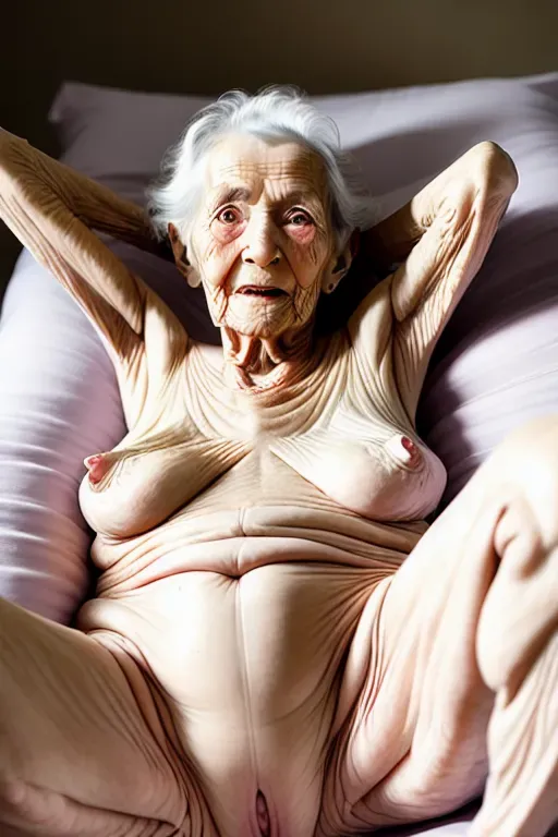 (great grandmother),(nude),(90 years old), skinny, in bed, laying on her back , (wrinkled skin), (wrinkled legs),(showing pussy)