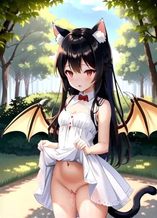 perfect quality, Neko-girl, fragon-girl, cat ears, horns, dragon wings, dragon tail, red eyes, black hair, long hair, toned body, sixpack, white dress, white high heels, outside, forest, detailed background, standing, lifting dress, no panties, detailed vagina, showing vagina, embarresed expression