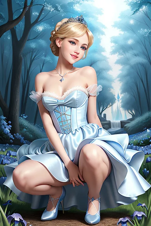 Disney princess Cinderella, slender,skinny, svelt, thin, blonde hair up in a bun, blue irises, soft cheeks, full lips, (sexually provocative predatory smile), I own you and I demand to fuck expression, medium natural breasts, thin waist, full ass, half naked, pink dress, wind blowing dress, sexually excited , showing pussy, soft silky trim pubic hair, sexually aroused, ((expression of anticipation of sudden intense sexual pleasure)), pov up skirt, squatting,facing the camera, looking into the camera, Alice in Wonderland setting,