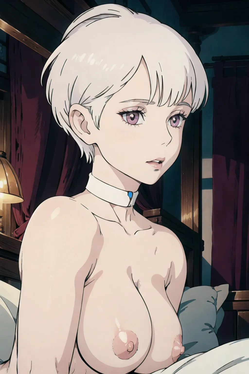 A pale woman, pixie cut, white hair, choker, small boobs, nsfw, nude, moaning, getting fucked, in bed, <lora:dpmg_ghibli_style:0.92>