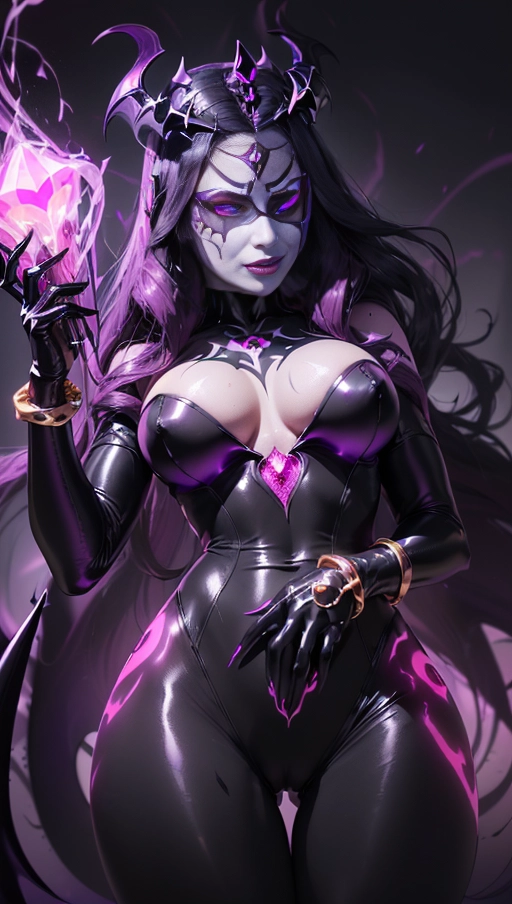 best quality, (((ultra high res))), (((detailed face and eyes))), (perfect face), (big shining heart choker), earrings, jewelry, (((big glowing succubus mark))), ((((big glowing succubus bodymark)))), (conjuring), witch, ((very long voluminous hair)), (((black gloves))), (((black hair))), (((symbiote goo hair))), (((golden bracelet))), (((huge golden hair cuff))), (((black skintight neckholder))), ((face closeup)), lipstick, (((((black demon tail))))), ((black long sleeves)), ((purple glowing heart)), (((demon mark))), heart on womb, (((((bright purple glowing skin tone))))), (((straight black hair))), ((purple glowing clothes)), ((purple luminescent)), ((((purple luminescent skin tone)))), (((purple skin))), (((huge cameltoe))), ((((purple goo everywhere)))), (((symbiote girl))), ((((symbiote goo suit)))), ((goo tail)), (((succubus masquerade))), ((very very long hair)), ((glowing eyes)), ((symbiote goo body)), (((dark diamond crown))), (((face closeup))), (((pink diadem))), (((vampire))), ((((pale face)))), ((from below))