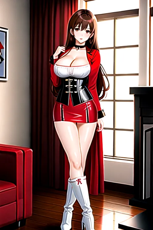 brown hair, brown eyes, pale skin, giant breasts, red minidress, miniskirt, white corset, choker, long hair, high heels, in living room, slim body, holding breast, looking at viewer, 1 girl, cleavage, 4k, black boots