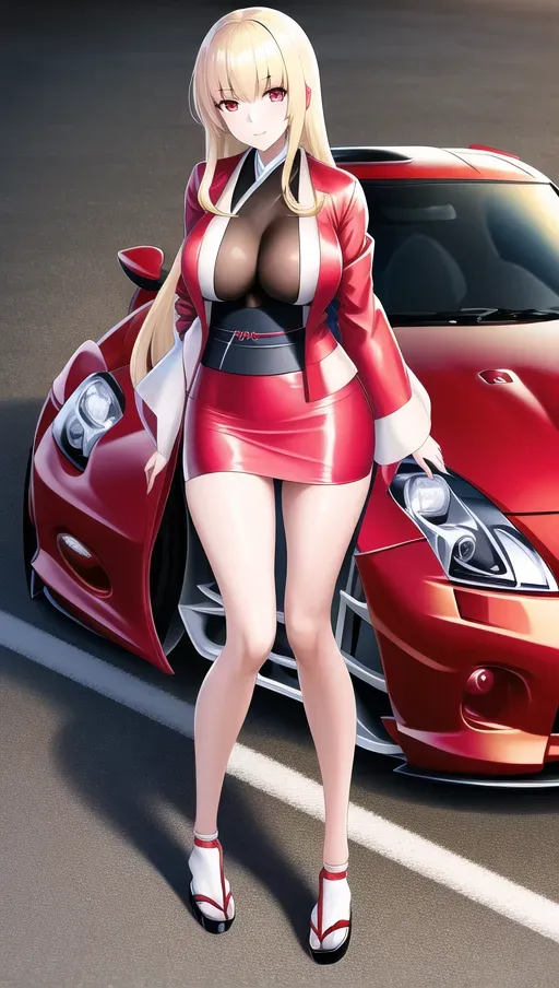 Japanese girl wearing a kimono leaning on the front hood of a nissan 350z. Medium breast, unzipped, long legs, mini skirt, blonde hair, red jacket