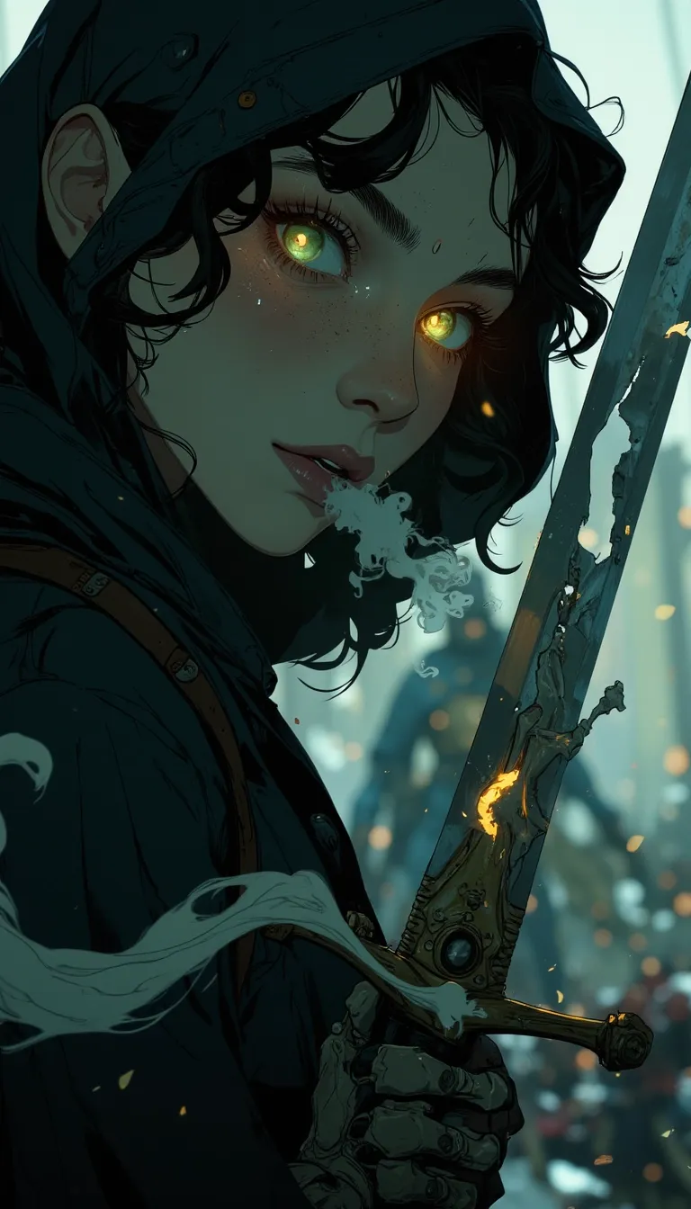 Anime art.
This is a hyper-realistic cinematic photogrpah featuring a ghostly swordswoman, her face partially illuminated by the blade of her cracked sword, The camera focuses tightly on her eyes burning with a fierce ghostly light as she prepares to strike, Her breath fogs in the cold air, the faint glow of her skeletal hand grips the sword hilt with fractured armor trailing mist, The blurred battlefield behind her hints at fallen enemies and rising spirits, high contrast, dramatic close-up, motion blur, eerie glow.