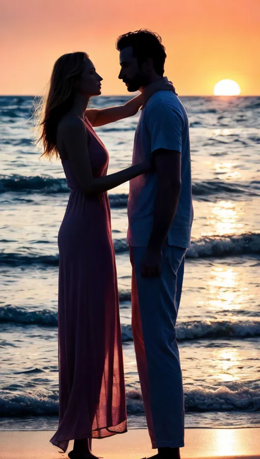For a romantic scene, envision a serene beach at sunset. The sky is painted in soft hues of pink, orange, and purple. A couple sits shoulder to shoulder, on the sand, with gentle waves lapping at their feet. They are dressed in elegant yet casual attire, complementing each other in style and color. The woman, in a flowing dress, leans her head gently on the mans head, who wears a light, unbuttoned shirt and linen trousers. They hold hands, with fingers entwined, gazing lovingly into the sunset. The camera angle is set to capture their figures from the side, with the vast ocean and the setting sun in the background. The light casts a warm glow on their faces, highlighting the deep connection and affection they share. This scene embodies a tranquil yet intense romantic atmosphere, perfect for a heartfelt photo.,<lora:dpmg_carrying_sex:2>