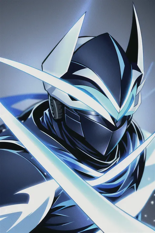 Ninja, full face mask, white, glowing blue accents, with a sword, male, 8k wallpaper, best quality, ultra hd, global lighting, hi-resolution, high quality, highly detailed, in the snow