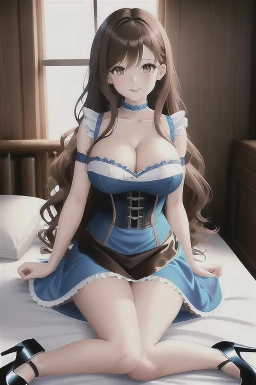 giant breasts, pale skin, brown hair, brown eyes, long hair, blue high heels, bright blue minidress, brown corset, in bedroom, pov, looking at viewer, smiling, 1girl, cleavage, full body, slim body, log cabin, maid uniform, 4k, wavy hair
