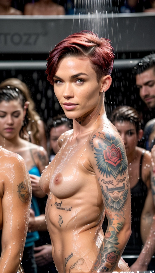 (naked skinny muscular tattoed Ruby Rose:1.28),
(accurate face, photorealistic face,perfect face,detailed face:1.35),
(brown pompadour front Undercut Back hair:1.3),
(in the crowded public shower, showeing:1.2),<lora:showering:0.8>,
(foam, wet, heavy steam:1.4),(crowd:1.6),
deviantart,
uncensored,
HDR, UHD, 64K,
Highly detailed,
Studio lighting,
Professional,
Trending on artstation,
Unreal engine,
Vivid Colors,
Bokeh