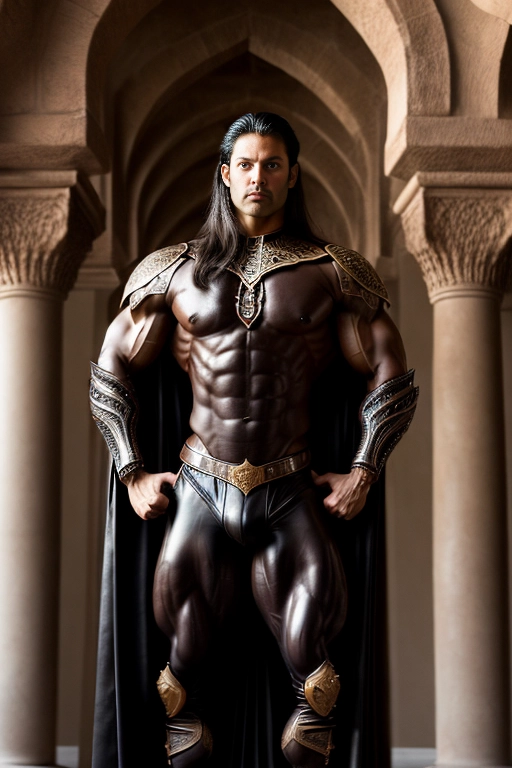 A professional photograph of a tall and very muscular latino prince standing in a relaxed pose
model has dark hair and dark bronze skin
model has a bodybuilder physique
model is wearing black leather long pants and black medieval nobleman shirt
model is wearing an elaborate cape
background is an arabian castle interior
<lora:dpmg_add_detail:1>