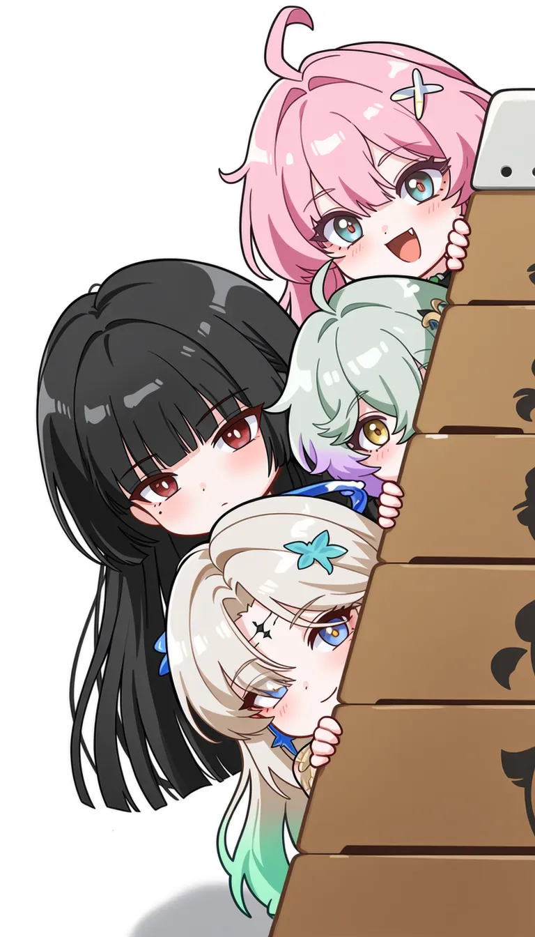 multiple girls, 4girls, aemeath \(wuthering waves\), chisa \(wuthering waves\), lynae \(wuthering waves\), mornye \(wuthering waves\),
score 7, ultra detailed, fair skin, high contrast, ahoge, black hair, blonde hair, blue eyes, blush, fang, gradient hair, green hair, grey hair, hair ornament, hair over one eye, halo, long hair, mole under eye, multicolored hair, pink hair, red eyes, two-tone hair, wavy eyes, yellow eyes, closed mouth, looking at viewer, open mouth, smile, white background, chibi only, peeking out, simple background, mole, chibi, purple hair,
Four distinct chibi characters are lined up against a stark white background, all appearing to be on the same level of a vaulting horse. The character on the far left has long black hair and is looking down with a slight blush. Next to them is a girl with pink hair who is smiling broadly. The scene captures a moment of playful anticipation as the characters prepare to enter the vaulting horse.
best quality, score_9, very aesthetic, sensitive, explicit