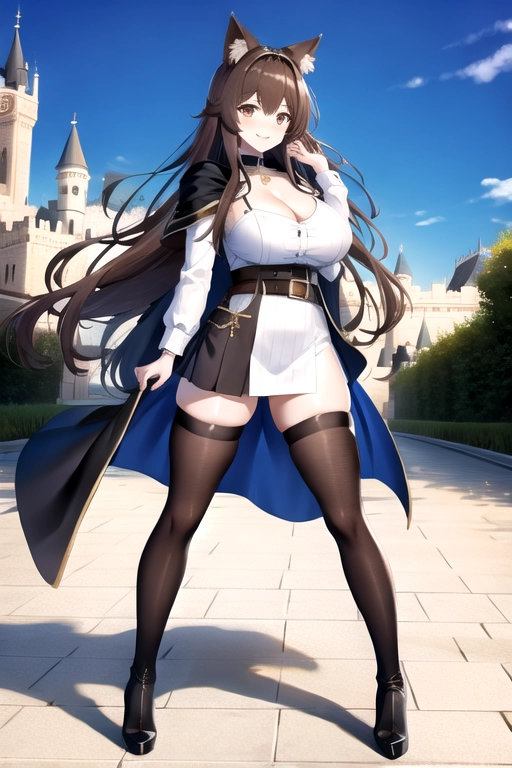 8k quality, brown eyes, pale white skin, brown hair, giant breasts, cleavage, looking at viewer, pov, long hair, wavy hair, full body photo, smiling, black miniskirt, tights, blue dress, blue top, black cloak, thigh high boots, black choker, wolf ears, thick black belt, standing in castle courtyard at night, high heels