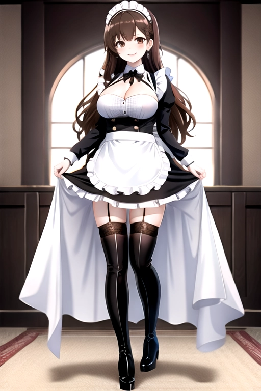 8k quality, brown eyes, pale white skin, brown hair, giant breasts, cleavage, looking at viewer, pov, long hair, wavy hair, full body photo, standing in room, smiling, black maid uniform, miniskirt, high heels, black knee high boots, black choker
