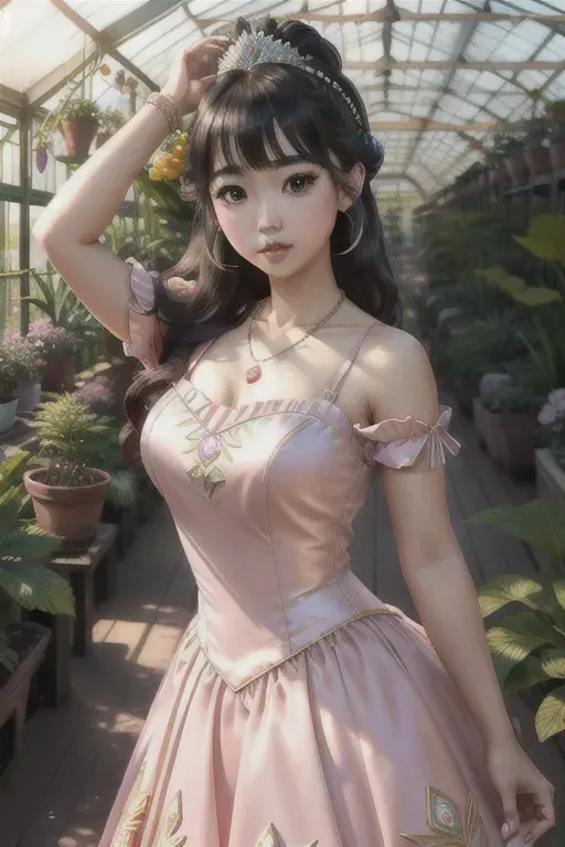 a color pencil draw of,kana hashimoto,wearing princess dress,dancing,in a lush greenhouse,five fingers per hand,gorgeous face,beautiful lips,detailed large eyes,curved eyebrows,satisfaction,wearing necklace,8k,highly detailed,editorial,sharp focus,cgsociety
