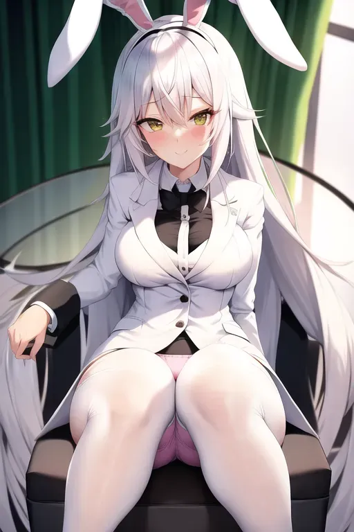 a cute white anime girl with also white hair, white bunny ears, green ears, black shades and in a business suit on a chair showing off her pink panties