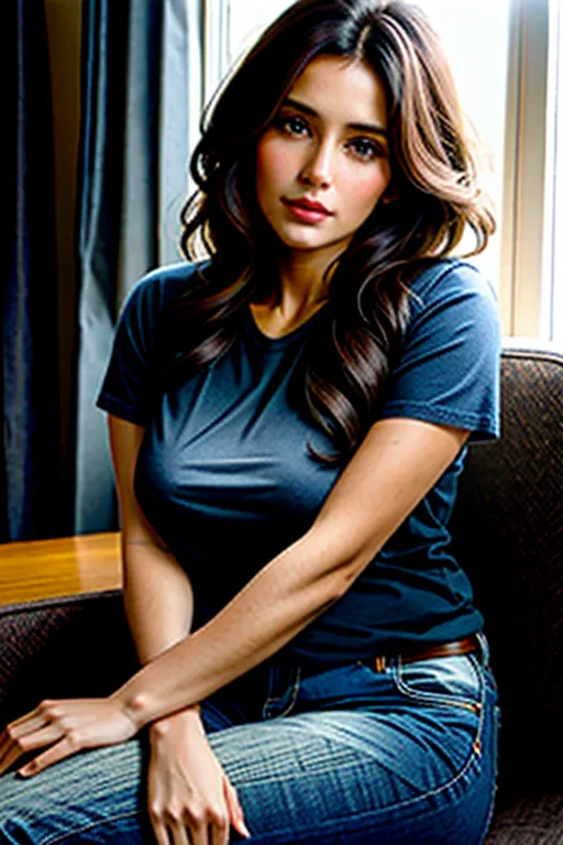 A beautiful 38 year old woman, with long dark brown messy hair, wearing a form fitting T-shirt and blue jeans, elegant and warm, looking directly into camera, arms resting by her side. Lighting is soft natural light, full body, super detailed