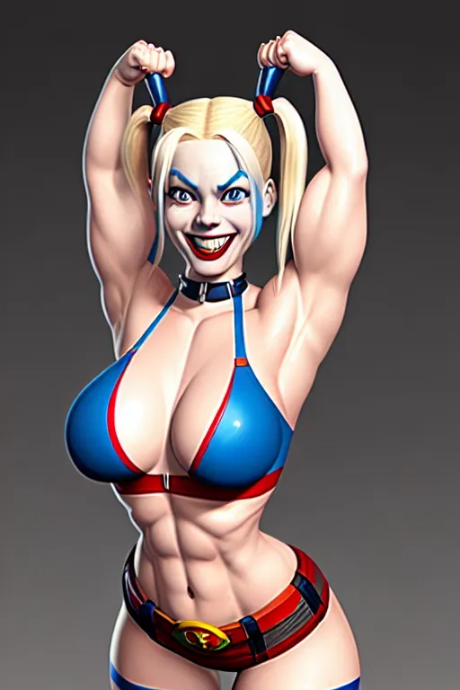 realistic, muscular female, harley quinn from DC comics, muscular, large muscles, large pectoral muscles, large quadriceps thighs, abs, smug, smile, pale skin, blue eyes, pigtails, harley quinn, realistic, flexing, posing,