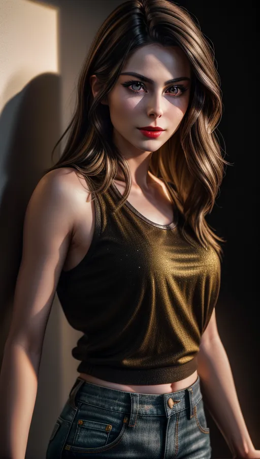 A high resolution realistic photography of a beautiful German girl, (Lena Meyer-Landrut), golden glasses, dark hair, long hair, cute face, high cheekbones, big brown eyes, wearing a pair of black jeans, wearing a yellow tank top, long eyelashes, red lipstick, smokey eyes,
detailed face, cute face, standing in front of a white wall,
ultra quality,
nsfw, photorealistic,
healthy,
ultra realistic detailed skin, realistic detailed hair,
(establishment shot),(<lora:dpmg_add_detail:0.8>), detailed glossy eyes, beautiful lips, detailed face, detailed textured skin, photorealistic, realistic detailed hair, pretty teeth, textured imperfect skin, realistic pretty feet, (accurate realistic eyes), realistic teeth, realistic mouth, realistic skin color, realistic skin tone,realistic hair color, realistic hair tone, five realistic pretty fingers, five realistic toes per visible foot,(8k RAW photo), (best quality), (masterpiece:1.3), (photo-realistic), studio lighting, rim lighting, hair highlighted, UHD, Nikon Z5, (50mm lens), f2.8, sharp focus, tack sharp, dof, film grain, Fujifilm XT3, (bokeh), dramatic lighting, rim lighting, subsurface scattering, volumetric lighting, focused, cinematic composition, (cinematic lighting), HDR, (highest quality:1.8), highest resolution, (photo-realistic:1.72)--s 200 --v 5.2