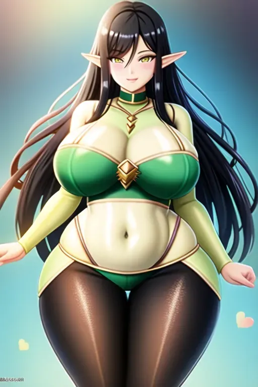 Half elf orc woman, curvy, black hair, yellow eyes, hourglass figure, beautiful face, very curvy, thicc, pale skin, green skin, DD cup, sunday dress, warm smile,