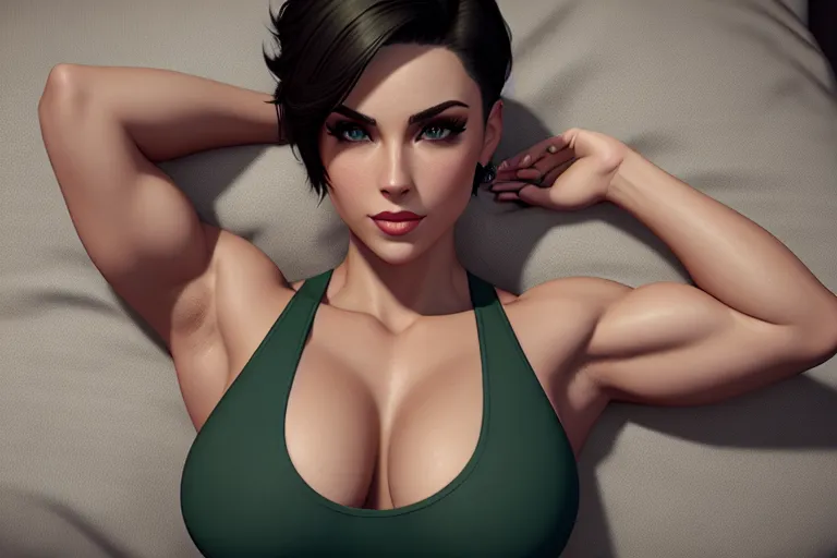 a digital painting of,a fitness model,wearing tank top,touching breasts,on the bed,five fingers per hand,short hair,charming face,beautiful lips,green eyes,curved eyebrows,pale skin,tattoo,artstation,unreal engine,8k,ultra realistic,editorial