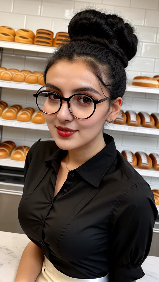 18 years old bakery shop lady, black curly hair in a bun, full lips, black metal frame round gasses on peak of nose, beautiful dark shining eyes, defined cheeks, defined jaw, small, thin chest, shy smile, nice teeth, high front angle camera view, sitting, wide open blouse, open mouth