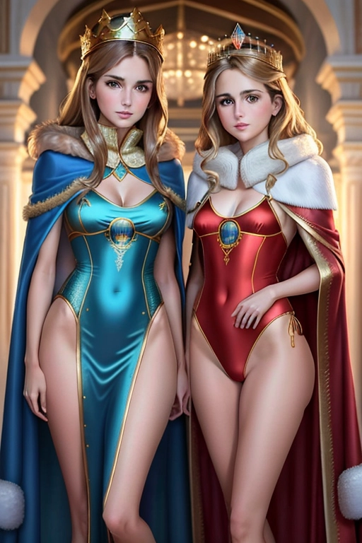 colour photo, Queen Letizia and a young Princess Leonor of Spain, ((Accurate faces)), standing, charming face, beautiful lips, curved eyebrows, cosy, 8k, arched back, full body, symmetrical eyes, cameltoes, detailed and jewelled blue bikinis,((bare thighs)), fur cloak sover their shoulders, smooth skin, sexy butts, fine beautiful body, ((winter landscape)),