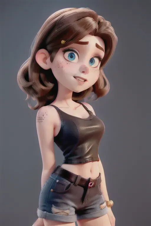 Oval heart face shape, angular jawline, barely visible freckles on the cheeks, height: 5 feet 3 inches, pale skin, brown hair, blue eyes, hair that just goes past her shoulders, rectangle-shaped figure, pronounced hips, good shoulders, and a well-defined waist, c cup, shaved pussy, plain black tank top, chocker, jean shorts, amazing ass, black lipstick, black smokey eye, whole body, nsfw, sexy, sexual, bratty, submisive, wants sex, extremely sexual, ddlg, turned on,