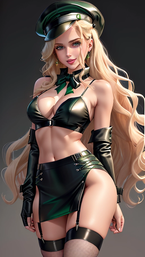 Age 18, Long, wavy blonde hair that cascades down her back in loose curls, Blue eyes that sparkle with mischief and flirtation, Full, pouty lips that are painted a deep red shade, Tall and slender build, with long, toned legs and a flat stomach, Wearing a short, fitted khaki miniskirt that falls well above the knee, showing off her toned legs and black garter belt, green panties, Tight, sheer white blouse with a plunging neckline that reveals a generous amount of cleavage, accentuated by a green lace bra,
Green sash adorned with badges and pins, worn over the blouse and tied in a neat bow at the waist, bare midriff, Green scarf tied around the neck, with fringed edges that dance and sway as she moves, Green fishnet stockings that add a touch of edginess to the outfit, Black leather knee-high boots with chunky heels, laced up the front with buckles and straps, Green beret worn at a rakish angle, with a few strands of hair peeking out from underneath, Black leather utility belt worn low on the hips, with a variety of pouches and pockets for storing sex toys and accessories, Confident and playful demeanor, with a flirtatious smile and a twinkle in her eye, Oozing sex appeal and a sense of adventure, this woman is ready to fuck anyone and have a good time doing it.