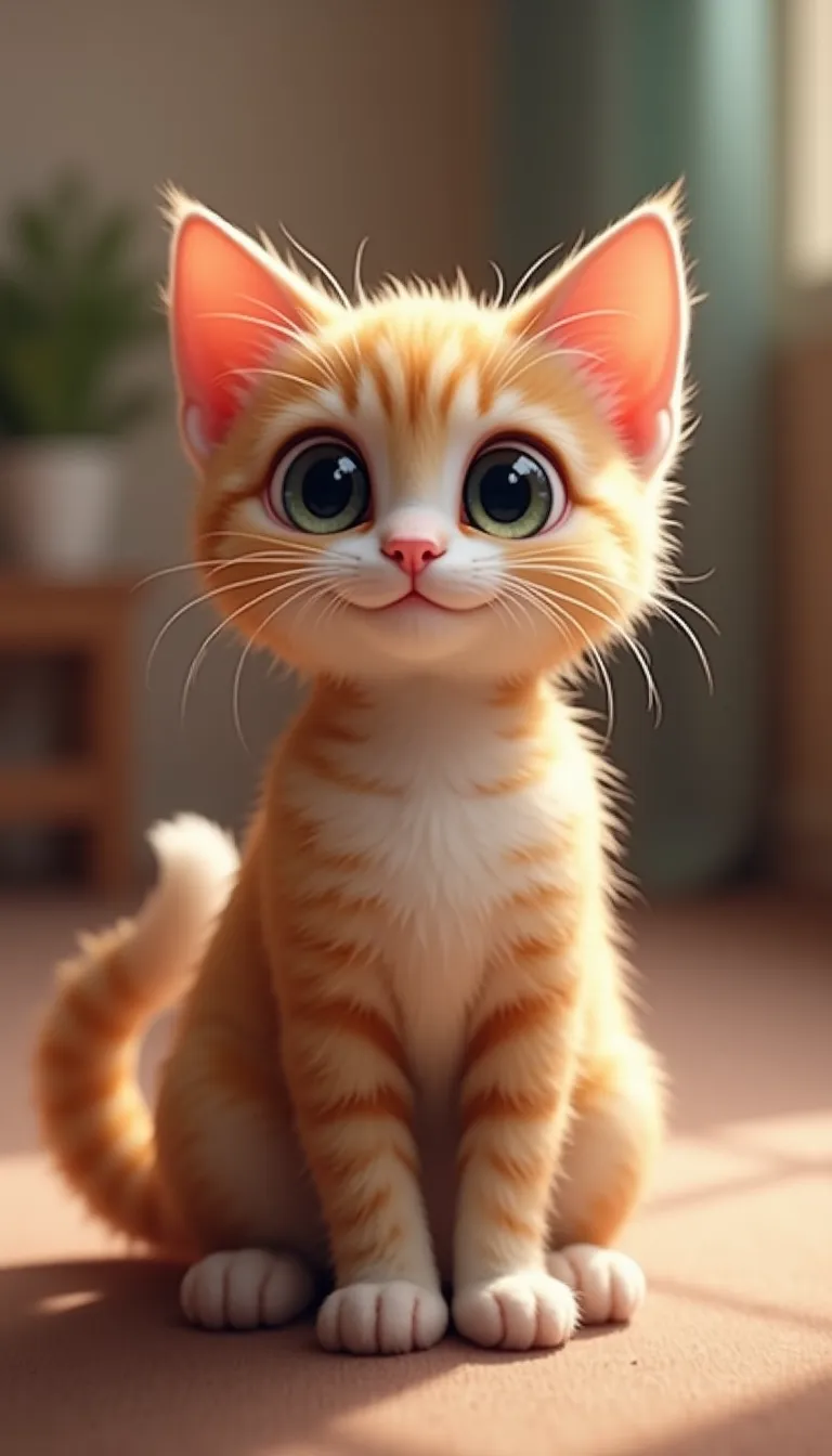 A cute cat sitting gracefully, with big expressive eyes and a fluffy tail curled around its paws. The background is softly blurred, featuring a cozy indoor setting with warm lighting. The cat has a playful expression, with its ears perked up and a slight tilt to its head. The fur is detailed, showing subtle variations in color and texture. The composition follows a 9:16 aspect ratio, perfect for a portrait-oriented image, with the cat centered to draw focus. The style is realistic with a touch of whimsy, enhancing the cat's adorable features.