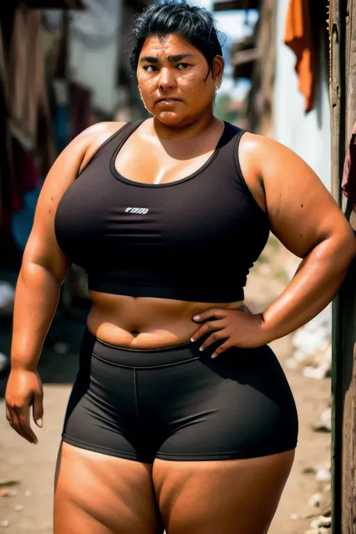 a 4k realistic shot of,a tall tan very fit and young indigenous Colombian Woman,teenager,weighing two hundred thirty pounds,wearing Tight crop top t-shirt and tight booty shorts with tight long thigh high socks ,walking,in a populated slum,big breasts,five slender fingers,super Short hair in a masculine unfemale style,perverted horny expression, sexy Korean eyes,Sexy Thin Native American face with tons of pimples, beautiful lips,brown eyes, thick eyebrows,Sexy,curvy,Fit,graying hair,pubic hair,sweating,dirty environment,full lighting,highly detailed,Super sexual clothes,Perverted facial expression,black underarms, big ass, full body,hairy arm pits,Masculine hair style, large ears,Fatty arms,Very fit,Thin Sexy legs, thick thighs