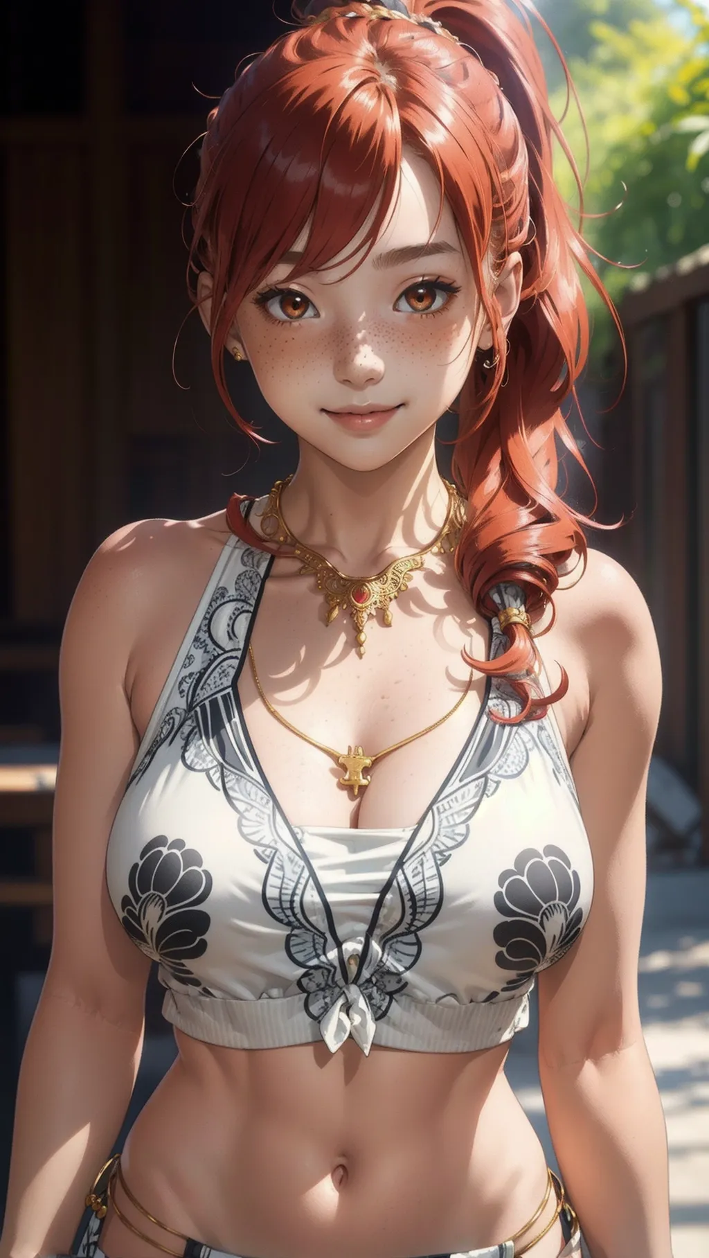 (masterpiece, best quality), 1girl, collarbone, wavy hair, looking at viewer, blurry foreground, upper body, necklace, contemporary, plain pants, ((intricate, print, pattern)), ponytail, freckles, red hair, dappled sunlight, smile, happy,