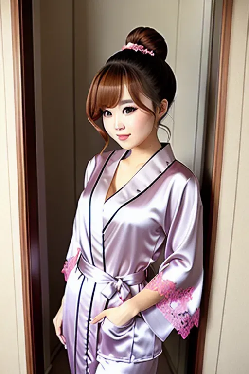 Best quality, Pokimane with hair in small bun, Pokimane, standing in doorway, satin kimono, very short kimono, sexy pajama kimono, real Pokimane, lace, pajamas,