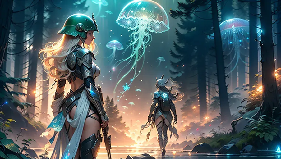 a professional photograph of, a beautiful elf female soldier wearing a futurist combat suit and holding a very powerful rifle is checking the area in a jellyfish forest, integral modern armor covering the whole body, modern helmet, (beautiful face), highly detailed face, perfect green eyes, ((full face in frame)), modern equipment in the hair, huge powerful rifle, looking around, <lora:dpmg_jellyfish_forest:1>, sci-fi, science fantasy, HDR, vivid colors, highest quality, highest resolution, (photorealist), photorealism, (masterpiece:1.4)