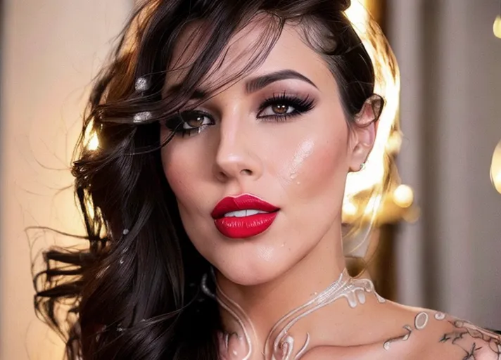 high quality nsfw image of a young woman with a lot of long wavy black hair, false eyelashes, bangs, red lipstick, dpmg_face_cum_v1, dpmg_awaitingtongue_v1, (((bukkake on face))), (((accurate facial detail))), (((cum on lips))), full lips,