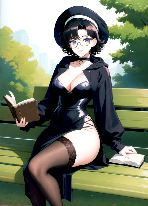 ((90s anime)), (masterpiece), absurdres, smooth, soft lines, soft edges, perfect edges, (soft lighting), (soft glow), perfect anatomy, detailed background, hair with great details, perfect eyes, perfect face, ((calm expression)), rounded face,
Dark lipstick, smiling, full body view, goth woman sitting on park bench reading book,
((Black hair)), ((short curly hair)), pale skin, ((short stature)), ((medium breasts)), blue eyes, black eye liner, hoodie, long skirt, wide hips, narrow waist, lace stockings, glasses, choker, thick thighs, hat,