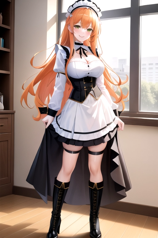 long hair, pale skin, orange hair, green eyes, black choker, giant H-cup breasts, wavy hair, white maid uniform, smiling, full body photo, 28 years old, miniskirt, cleavage, high heels, corset, 8k quality, boots, in living room