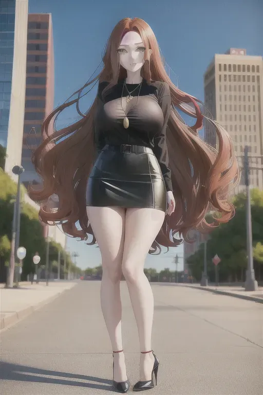 full body, chestnut hair, green eyes, short girl, red miniskirt, black high heels, looking at viewer, long hair, pale skin, black necklace, black shirt, 24 years old, big breasts, cute face, pov, wavy hair, city environment, Oklahoma City, wide eyes, erotic, skirt tug