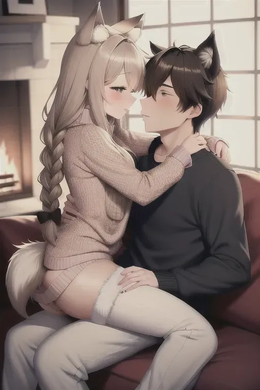 high quality, highly detailed, anime girl and anime boy, wolf ears on girl, wolf ears on boy, wolf tail on girl, wolf tail on boy, fluffy ears, fluffy tails, brown hair, girl is wearing a braided sweater, boy is wearing sweater, boy is cute, girl is cute, girl on couch with boy cuddling to stay warm, winter, cold, snow outside, fireplace, cozy, wide shot, cute, blanket over both the girl and boy, girl is sleepy, blanket covering waist down, girl is kissing boy, boy is kissing girl, kiss, kissing on the lips, French kiss, eyes closed, snogging, boy and girl lips touching, girl straddling boy, boy being straddled by girl, lap, vanilla, sex, vaginal penetration, girl is naked waist down, boy is wearing pajama pants with dick hanging out, pussy, dick, vagina, penis, mounting, Christmas gift